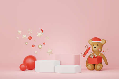 3d Display Podium for product and cosmetic presentation with Merry Christmas and Happy new year concept. Modern geometric. Platform for mock up and showing brand.の写真素材