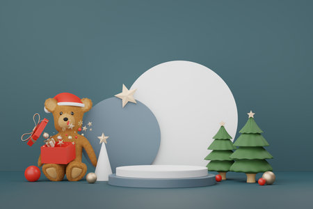 3d Display Podium for product and cosmetic presentation with Merry Christmas and Happy new year concept. Modern geometric. Platform for mock up and showing brand.の写真素材