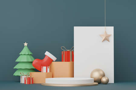 3d Display Podium for product and cosmetic presentation with Merry Christmas and Happy new year concept. Modern geometric. Platform for mock up and showing brand.の写真素材