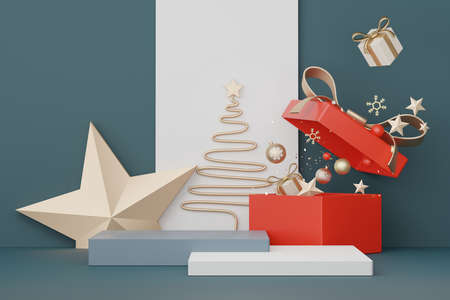3d Display Podium for product and cosmetic presentation with Merry Christmas and Happy new year concept. Modern geometric. Platform for mock up and showing brand.の写真素材