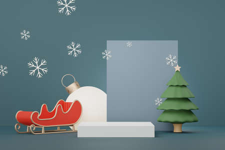 3d Display Podium for product and cosmetic presentation with Merry Christmas and Happy new year concept. Modern geometric. Platform for mock up and showing brand.の写真素材