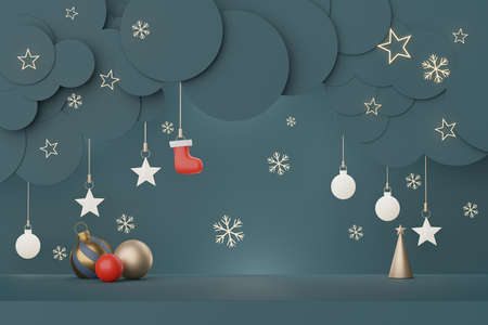 3d Display scene for product and cosmetic presentation with Merry Christmas and Happy new year concept. Modern geometric. Platform for mock up and showing brand.の写真素材