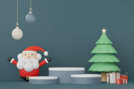 3d Display Podium for product and cosmetic presentation with Merry Christmas and Happy new year concept. Modern geometric. Platform for mock up and showing brand.の写真素材