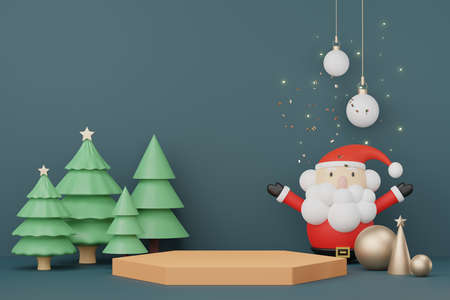 3d Display Podium for product and cosmetic presentation with Merry Christmas and Happy new year concept. Modern geometric. Platform for mock up and showing brand.の写真素材