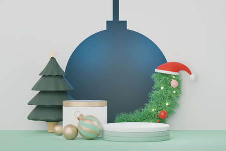 3d Display Podium for product and cosmetic presentation with Merry Christmas and Happy new year concept. Modern geometric. Platform for mock up and showing brand.の写真素材
