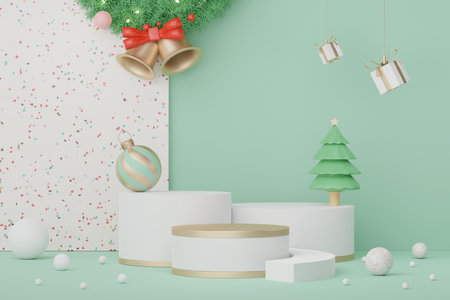3d Display Podium for product and cosmetic presentation with Merry Christmas and Happy new year concept. Modern geometric. Platform for mock up and showing brand.の写真素材