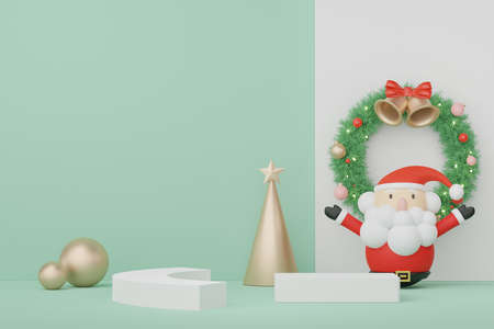 3d Display Podium for product and cosmetic presentation with Merry Christmas and Happy new year concept. Modern geometric. Platform for mock up and showing brand.の写真素材