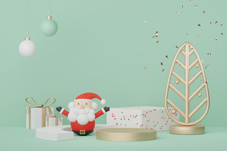 3d Display Podium for product and cosmetic presentation with Merry Christmas and Happy new year concept. Modern geometric. Platform for mock up and showing brand.の写真素材