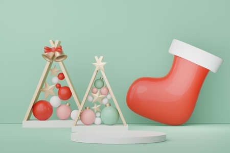 3d Display Podium for product and cosmetic presentation with Merry Christmas and Happy new year concept. Modern geometric. Platform for mock up and showing brand.の写真素材