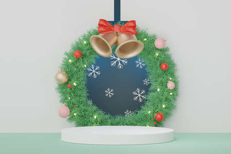 3d Display Podium for product and cosmetic presentation with Merry Christmas and Happy new year concept. Modern geometric. Platform for mock up and showing brand.の写真素材
