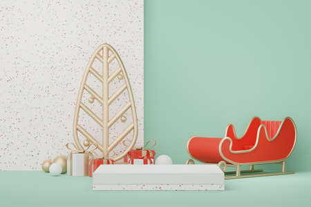 3d Display Podium for product and cosmetic presentation with Merry Christmas and Happy new year concept. Modern geometric. Platform for mock up and showing brand.の写真素材