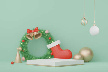3d Display Podium for product and cosmetic presentation with Merry Christmas and Happy new year concept. Modern geometric. Platform for mock up and showing brand.の写真素材
