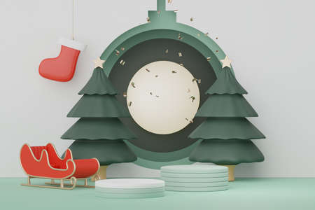 3d Display Podium for product and cosmetic presentation with Merry Christmas and Happy new year concept. Modern geometric. Platform for mock up and showing brand.の写真素材