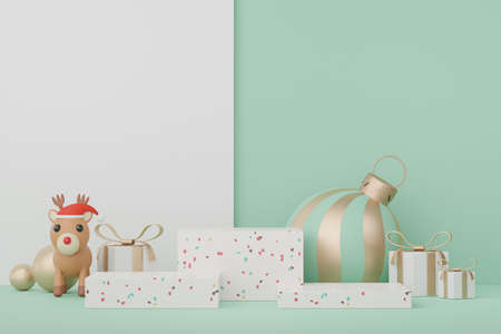 3d Display Podium for product and cosmetic presentation with Merry Christmas and Happy new year concept. Modern geometric. Platform for mock up and showing brand.の写真素材