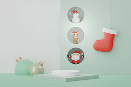3d Display Podium for product and cosmetic presentation with Merry Christmas and Happy new year concept. Modern geometric. Platform for mock up and showing brand.の写真素材