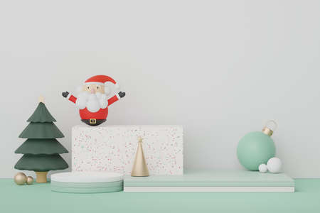 3d Display Podium for product and cosmetic presentation with Merry Christmas and Happy new year concept. Modern geometric. Platform for mock up and showing brand.の写真素材