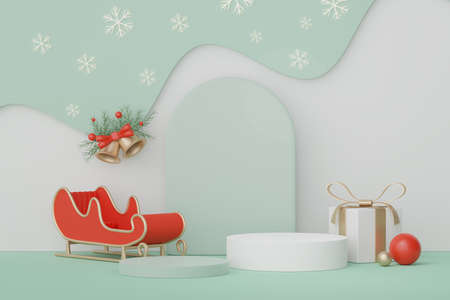 3d Display Podium for product and cosmetic presentation with Merry Christmas and Happy new year concept. Modern geometric. Platform for mock up and showing brand.の写真素材