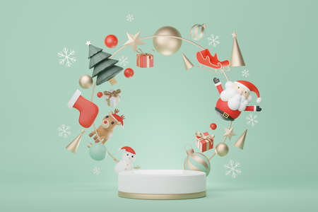 3d Display Podium for product and cosmetic presentation with Merry Christmas and Happy new year concept. Modern geometric. Platform for mock up and showing brand.の写真素材