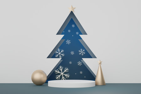 3d Display Podium for product and cosmetic presentation with Merry Christmas and Happy new year concept. Modern geometric. Platform for mock up and showing brand.の写真素材