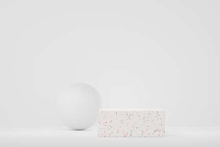 3d abstract white platform showcase for product and cosmetic presentation with terrazzo idea concept. Minimal Podium for mock up and advertising. Render geometric design scene for web banner.の写真素材