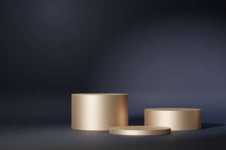 3d abstract platform showcase for product and cosmetic presentation. Golden Podium for mock up and advertising. Render geometric design scene for web banner. Empty pedestal with pastel background.の写真素材