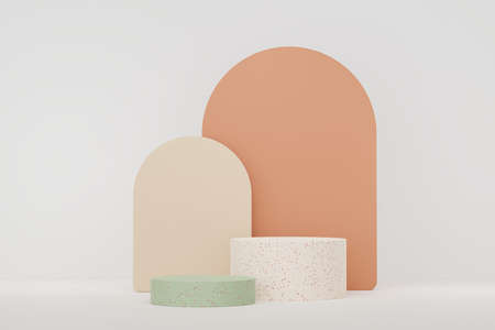 3d abstract white platform showcase for product and cosmetic presentation with terrazzo idea concept. Minimal Podium for mock up and advertising. Render geometric design scene for web banner.の写真素材
