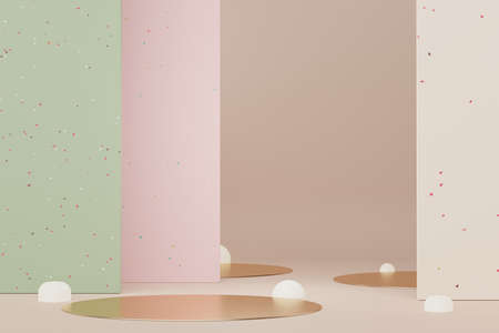 3d abstract white platform showcase for product and cosmetic presentation with terrazzo idea concept. Minimal Podium for mock up and advertising. Render geometric design scene for web banner.の写真素材