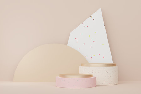 3d abstract white platform showcase for product and cosmetic presentation with terrazzo idea concept. Minimal Podium for mock up and advertising. Render geometric design scene for web banner.の写真素材