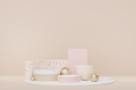 3d abstract white platform showcase for product and cosmetic presentation with terrazzo idea concept. Minimal Podium for mock up and advertising. Render geometric design scene for web banner.の写真素材