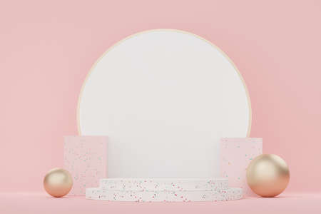 3d abstract white platform showcase for product and cosmetic presentation with terrazzo idea concept. Minimal Podium for mock up and advertising. Render geometric design scene for web banner.の写真素材