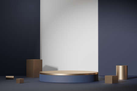 3d abstract platform showcase for product and cosmetic presentation. Golden Podium for mock up and advertising. Render geometric design scene for web banner. Empty pedestal with pastel background.の写真素材