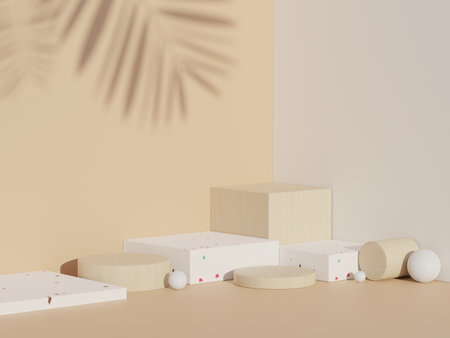 3d abstract white platform showcase for product and cosmetic presentation with terrazzo idea concept. Minimal Podium for mock up and advertising. Render geometric design scene for web banner.の写真素材