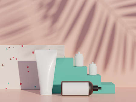 3d render of blank cosmetics skincare product or packaging for mock up. Terrazzo design. Beauty soap and spa concept. Lotion oil moisture for skin health. Premium and luxury design for branding.の写真素材
