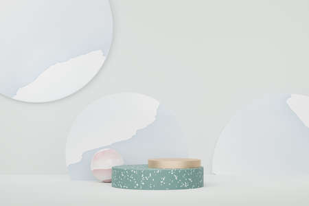 3d abstract white platform showcase for product and cosmetic presentation with terrazzo idea concept. Minimal Podium for mock up and advertising. Render geometric design scene for web banner.の写真素材