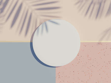 3d render top view of white blank cylinder frame for mock up and display products with shadows of palm leaves, earth tone, and terrazzo wall background. Creative idea concept.の写真素材
