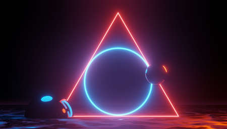 3d render of RGB neon light on darkness background. Abstract Laser lines show at night. Ultraviolet spectrum beam scene for mock up and web banner.の写真素材