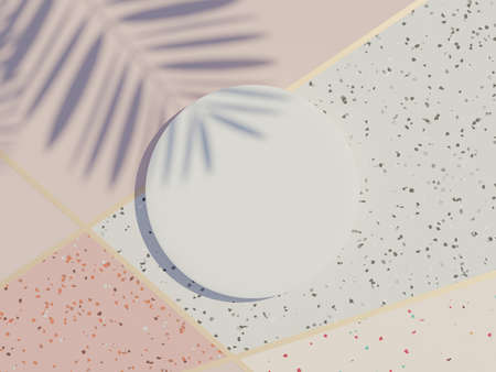 3d render top view of white blank cylinder frame for mock up and display products with shadows of palm leaves, earth tone, and terrazzo wall background. Creative idea concept.の写真素材