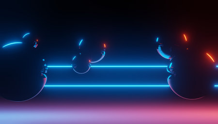 3d render of RGB neon light on darkness background. Abstract Laser lines show at night. Ultraviolet spectrum beam scene for mock up and web banner.の写真素材