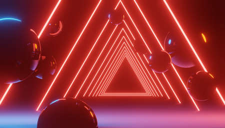 3d render of RGB neon light on darkness background. Abstract Laser lines show at night. Ultraviolet spectrum beam scene for mock up and web banner.の写真素材