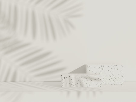 3d abstract white platform showcase for product and cosmetic presentation with terrazzo idea concept. Minimal Podium for mock up and advertising. Render geometric design scene for web banner.の写真素材