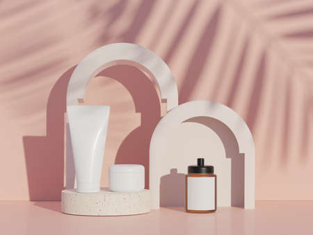 3d render of blank cosmetics skincare product or packaging for mock up. Terrazzo design. Beauty soap and spa concept. Lotion oil moisture for skin health. Premium and luxury design for branding.の写真素材