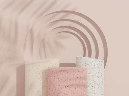 3d abstract white platform showcase for product and cosmetic presentation with terrazzo idea concept. Minimal Podium for mock up and advertising. Render geometric design scene for web banner.の写真素材