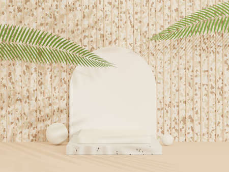 3d abstract white platform showcase for product and cosmetic presentation with terrazzo idea concept. Minimal Podium for mock up and advertising. Render geometric design scene for web banner.の写真素材