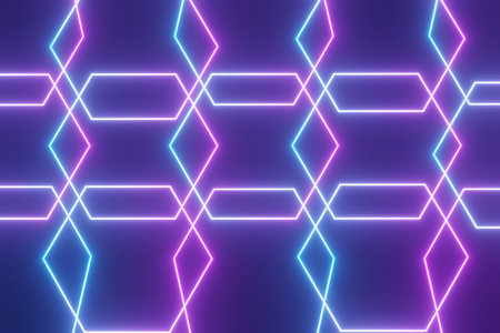 3d render of RGB neon light on darkness background. Abstract Laser lines show at night. Ultraviolet spectrum beam scene for mock up and web banner.の写真素材