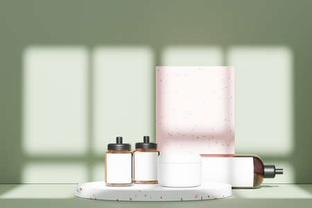 3d render of blank cosmetics skincare product or packaging for mock up. Terrazzo design. Beauty soap and spa concept. Lotion oil moisture for skin health. Premium and luxury design for branding.の写真素材