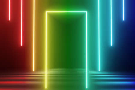 3d render of RGB neon light on darkness background. Abstract Laser lines show at night. Ultraviolet spectrum beam scene for mock up and web banner.の写真素材