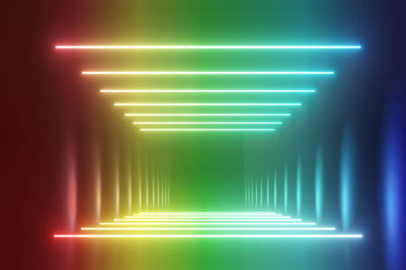 3d render of RGB neon light on darkness background. Abstract Laser lines show at night. Ultraviolet spectrum beam scene for mock up and web banner.の写真素材