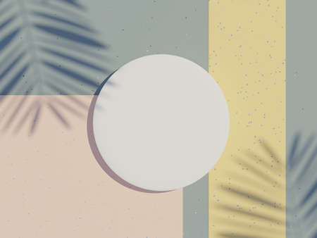 3d render top view of white blank cylinder frame for mock up and display products with shadows of palm leaves, earth tone, and terrazzo wall background. Creative idea concept.の写真素材