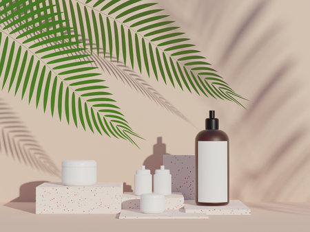 3d render of blank cosmetics skincare product or packaging for mock up. Terrazzo design. Beauty soap and spa concept. Lotion oil moisture for skin health. Premium and luxury design for branding.の写真素材