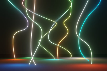 3d render of RGB neon light on darkness background. Abstract Laser lines show at night. Ultraviolet spectrum beam scene for mock up and web banner.の写真素材